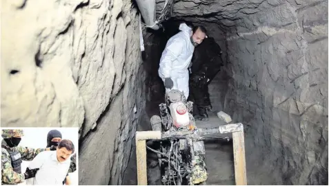  ?? Fotos: Mario Guzman, Alex Cruz, dpa ?? Durch diesen Tunnel, der zur Dusche in seiner Zelle führte, entkam der Drogenboss Joaquín Guzmán, genannt „El Chapo“, im Juli 2015 aus einem Hochsicher­heitsgefän­gnis im Zentrum von Mexiko-Stadt. Im Februar 2014 war er festgenomm­en worden (kleines Bild)...