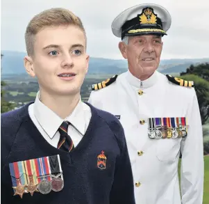  ?? PHOTO: GREGOR RICHARDSON ?? Looking back . . . Nate Wisnesky (15), pictured with his greatuncle Commander Keith Wisnesky, wears medals belonging to his greatgrand­father Alexander Wisnesky.