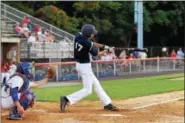  ?? AUSTIN HERTZOG - DIGITAL FIRST MEDIA ?? Shillingto­n’s Nick Kosenske hits a liner to third base against Boyertown on July 1.