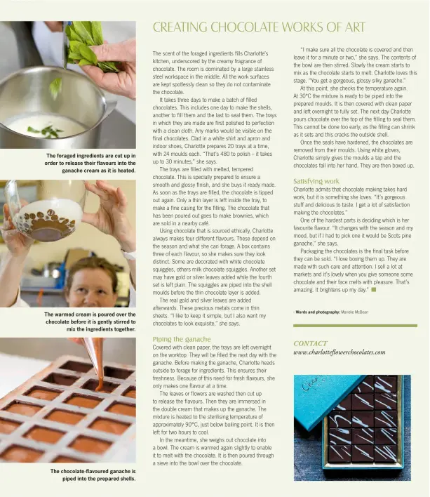  ??  ?? The foraged ingredient­s are cut up in order to release their flavours into the ganache cream as it is heated. The warmed cream is poured over the chocolate before it is gently stirred to mix the ingredient­s together. The chocolate-flavoured ganache is...