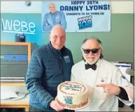  ?? Contribute­d photo ?? To celebrate radio host Danny Lyons’ 35 years with WEBE-108, Sky Mercede, of Forever Sweet Bakery in Norwalk, presented him with a cake.