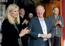  ?? MARTIN DE RUYTER/STUFF ?? Former Tasman and Nelson MP Nick Smith, with wife Linley and campaign manager Bill Dahlberg, right, announces that he will be standing for mayor of Nelson City.