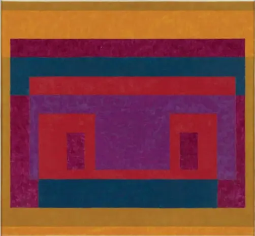  ?? © The Josef and Anni Albers Foundation ?? Josef Albers, 2 yellow, 2 red, cadmiums and blue around violet center, 1947. Olieverf op vezelplaat.