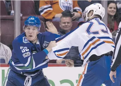  ?? — GETTY IMAGES FILES ?? Bo Horvat, left, emerged as the leader of the Canucks last season. He led the team in scoring and didn’t hesitate to mix it up with tough customers like Edmonton’s Darnell Nurse.