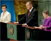  ?? PHOTO: REUTERS ?? Helen Clark, right, speaks during a debate between candidates vying to be the next UN Secretary-General, with former UN climate chief Christiana Figueres and former Slovenian president Danilo Turk.