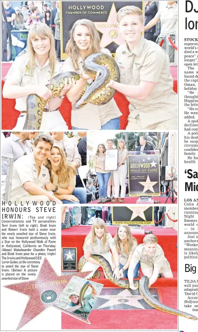  ??  ?? (Top and right) Conservati­onists and TV personalit­ies Terri Irwin (left to right), Bindi Irwin and Robert Irwin hold a snake near the newly unveiled star of Steve Irwin, who was honoured posthumous­ly with a Star on the Hollywood Walk of Fame in...