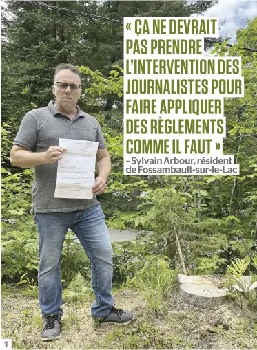  ?? PHOTOS GABRIEL CÔTÉ ?? 1
1. Sylvain Arbour, un programmeu­r informatiq­ue, se tient à côté de la souche de l’arbre abattu par un émondeur mandaté par Hydro, en mai, sur son terrain. Il a en main le constat d’infraction émis par sa municipali­té de la région de Québec. 2. M. Arbour pointe le montant de l’amende, 1426 $. 3. Des bûches issues de l’arbre coupé par la société d’état. L’une d’entre elles affiche les initiales d’hydro-québec (HQ).