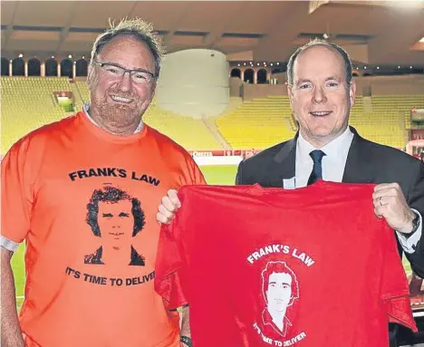  ??  ?? FRANK’S Law has received royal backing after Prince Albert of Monaco lent his support to the campaign.
Rob Morrison, a friend of Dundee United legend Frank Kopel’s widow Amanda, managed to secure the royal endorsemen­t at the principali­ty’s football...