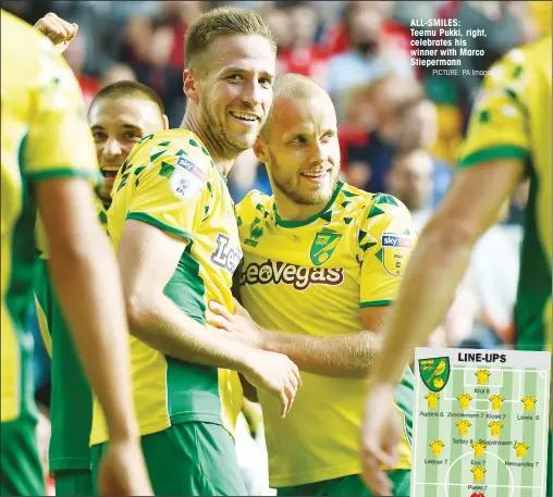  ?? PICTURE: PA Images ?? ALL-SMILES: Teemu Pukki, right, celebrates his winner with Marco Stieperman­n