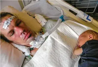  ?? Photo courtesy Britain Lenz ?? Three-day-old Max Lenz rests on his father. “I wanted Adam to see his baby,” says Adam Lenz’s widow, Britain. After being crushed under his pickup, Adam showed marginal improvemen­t at TIRR Memorial Hermann. But when he returned to St. Louis, he...