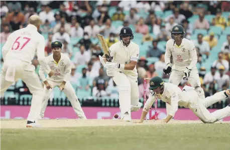  ?? ?? England’s Stuart Broad faces a ball in the penultimat­e over during day five of the fourth Ashes test at the Sydney Cricket Ground.