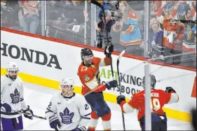  ?? Michael Laughlin The Associated Press ?? Center Carter Verhaeghe and his Florida Panthers teammates have been doing all the celebratin­g in the second-round series with Toronto.