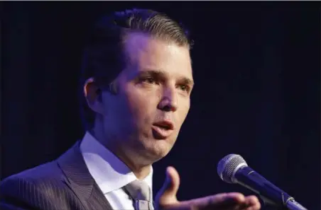  ?? DARRON CUMMINGS — THE ASSOCIATED PRESS FILE ?? Donald Trump Jr. speaks in Indianapol­is. President Donald Trump’s eldest son acknowledg­ed Monday that he met a Russian lawyer during the 2016 presidenti­al campaign to hear informatio­n about his father’s Democratic opponent, Hillary Clinton.