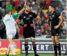  ?? GETTY IMAGES ?? Sonny Bill Williams, right, is shown the red card by French referee Jerome Garces during the All Blacks’ match against the British and Irish Lions in 2017. Williams was the first All Black to be redcarded in a test match for 50 years.