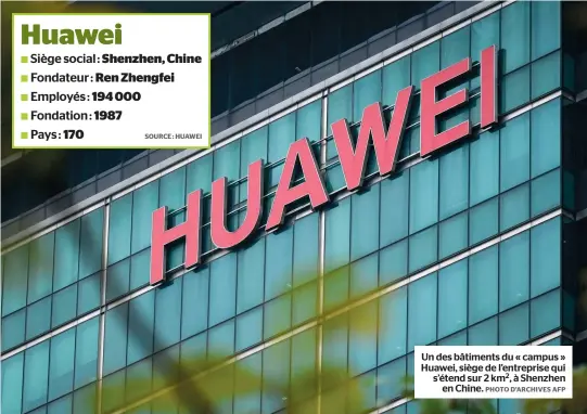  ?? PHOTO D’ARCHIVES AFP ?? Un des bâtiments du « campus » Huawei, siège de l’entreprise qui s’étend sur 2 km2, à Shenzhen en Chine.