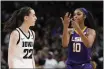  ?? TONY GUTIERREZ — THE ASSOCIATED PRESS FILE ?? LSU's Angel Reese reacts in front of Iowa's Caitlin Clark during the second half of the NCAA Women's Final Four championsh­ip game Sunday, April 2, in Dallas. LSU won 102-85 to win the championsh­ip.