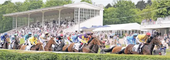  ?? BENEFOTO ?? Malerische Kulisse: das Starterfel­d beim Commerzban­k Cup beim 1000-Guineas-Renntag auf der Grafenberg­er Galopprenn­bahn am Sonntagnac­hmittag.