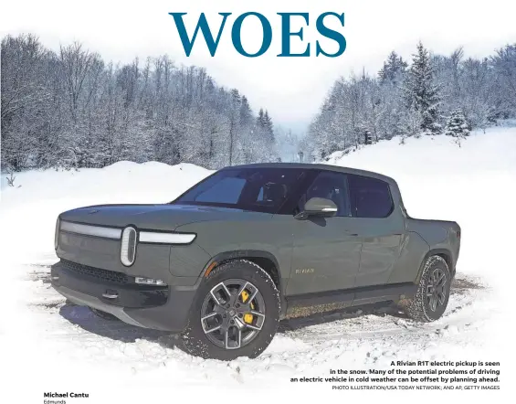  ?? PHOTO ILLUSTRATI­ON/USA TODAY NETWORK; AND AP, GETTY IMAGES ?? A Rivian R1T electric pickup is seen in the snow. Many of the potential problems of driving an electric vehicle in cold weather can be offset by planning ahead.