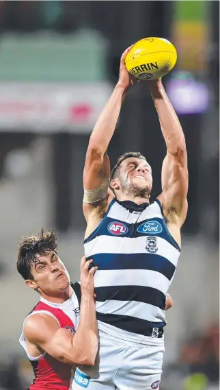  ?? TALL ORDER: Geelong’s Sam Menegola marks yesterday against St Kilda. ?? KEAGAN ELDER