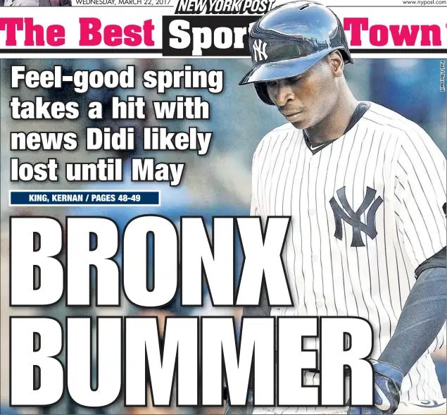  ??  ?? Shortstop Didi Gregorius, who emerged last season as one of the Yankees’ most important players, will be shut down for two weeks after an MRI exam revealed a muscle strain in his right shoulder. Gregorius will then begin a throwing program before a...