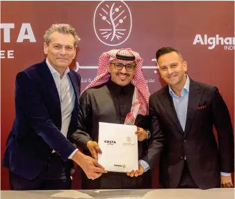  ?? ?? Philippe Schaillee, CEO of Costa Coffee; Khalid Abu Theeb, CEO of Saudi Coffee Company; and Mahmoud Samara, CEO of Alghanim Industries; at the signing ceremony.