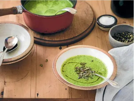  ?? NICOLA GALLOWAY ?? Lettuce soup with popped pumpkin seeds is a delicious spring recipe, which uses up extra lettuce leaves when your plants are threatenin­g to bolt.