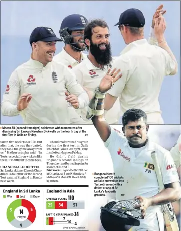  ?? AFP AFP ?? Moeen Ali (second from right) celebrates with teammates after dismissing Sri Lanka's Niroshan Dickwella on the fourth day of the first Test in Galle on Friday. Rangana Herath completed 100 wickets at Galle but walked into Test retirement with a defeat at one of Sri Lanka’s favourite grounds.