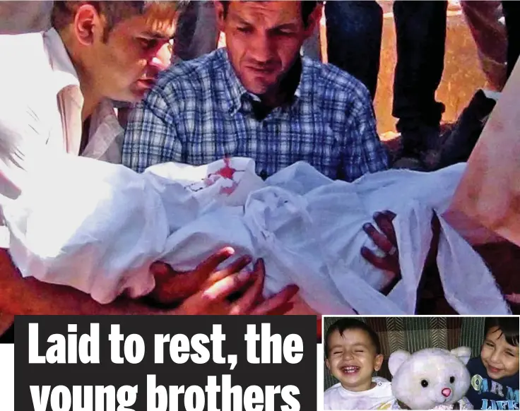  ??  ?? Top: Abdullah Kurdi cradling his son Aylan’s body yesterday. Above: Aylan and Galip Kurdi cuddling a teddy bear in a family photo