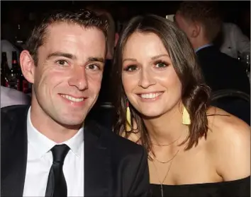  ??  ?? New champion jockey Barry O’Neill at Saturday’s awards in Clayton Whites Hotel with Brigid Bowe.