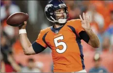  ?? AAP PHOTO/JACK DEMPSEY ?? In this Oct. 17, 2019, file photo, Denver Broncos quarterbac­k Joe Flacco (5) throws against the Kansas City Chiefs during the first half of an NFL football game in Denver.