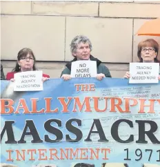  ??  ?? The scene of the Kingsmill massacre in 1976 and (right) relatives of those killed by the army in Ballymurph­y in 1971 campaign for justice