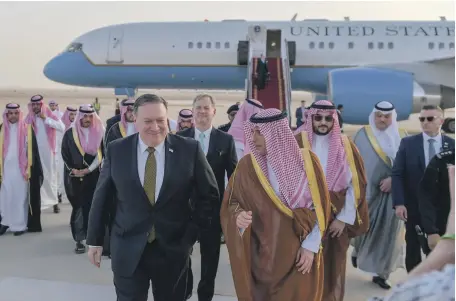  ?? SPA ?? US Secretary of State Mike Pompeo meets Saudi Foreign Minister Adel Al Jubeir, in Riyadh yesterday