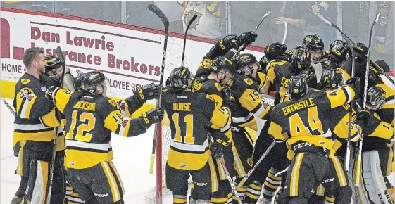  ?? CATHIE COWARD THE HAMILTON SPECTATOR ?? The Hamilton Bulldogs celebrate their victory over the Kingston Frontenacs to win the Eastern Conference championsh­ip Thursday night at First Ontario Centre.