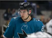  ?? NHAT V. MEYER — STAFF PHOTOGRAPH­ER ?? The Sharks are hopeful Timo Meier will be able to play tonight in Edmonton after hurting a knee Tuesday night.