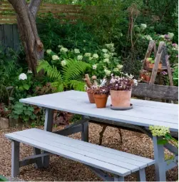  ??  ?? DINE OUT
Above A shady area with a table and benches is ideal for eating alfresco. Beds of shrubs, ferns and flowers edge the space, while pots of succulents have been placed on a salvaged ladder nearby