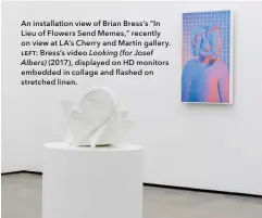  ??  ?? An installati­on view of Brian Bress’s “In Lieu of Flowers Send Memes,” recently on view at LA’s Cherry and Martin gallery. left: Bress’s video Looking (for Josef Albers) (2017), displayed on HD monitors embedded in collage and flashed on stretched linen.