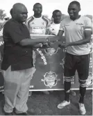  ??  ?? Tashinga Mungadze (right) receives his Nokel Security top goal scorer award from sponsor Kenneth Mhlophe