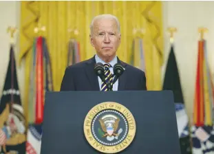  ?? (Evelyn Hockstein/Reuters) ?? US PRESIDENT Joe Biden delivers remarks on the administra­tion’s continued drawdown efforts in Afghanista­n in a speech at the White House on Thursday.