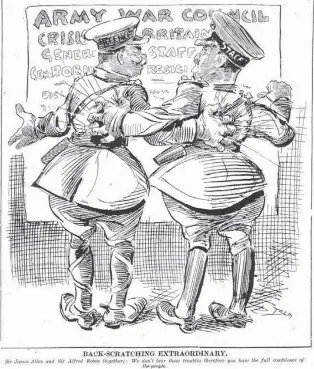  ??  ?? Cartoonist William Blomfield’s view of Sir James Allen and Sir Alfred Robin looking after each other after the Motuihe affair. This appeared in the New Zealand Observer on March 2, 1918.