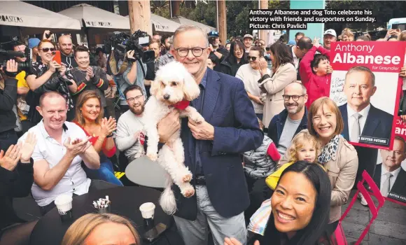  ?? Picture: Chris Pavlich ?? Anthony Albanese and dog Toto celebrate his victory with friends and supporters on Sunday.