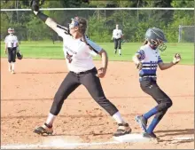  ?? Scott Herpst ?? Ringgold’s Maddie Cargile beats out a throw to first as Kailynn Bailey fields the ball for CVMS. The Lady Tigers won the match-up, 10-4, in a game at Ridgeland High School.