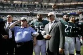  ?? MATT ROURKE — THE ASSOCIATED PRESS ?? Eagles owner Jeffrey Lurie stands during the national anthem before Sunday’s game against the New York Giants at Lincoln Financial Field.