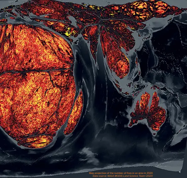  ??  ?? Map projection of the number of fires in an area in 2020 Data source: NASA MODIS Land Science Team (2021)