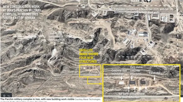  ?? Courtesy Maxar Technologi­es via Google Earth; infographi­cs courtesy The Intel Labs ?? The Parchin military complex in Iran, with new building work visible