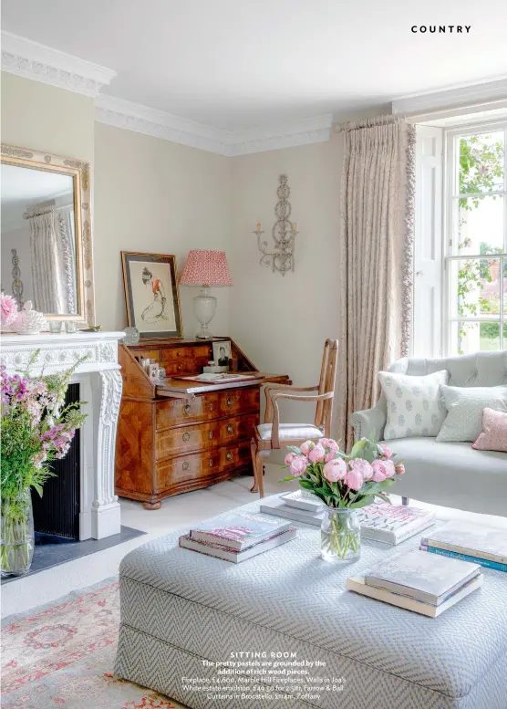  ??  ?? SITTING ROOM
The pretty pastels are grounded by the addition of rich wood pieces.
Fireplace, £4,600, Marble Hill Fireplaces. Walls in Joa’s White estate emulsion, £49.50 for 2.5ltr, Farrow & Ball. Curtains in Brocatello, £114m, Zoffany