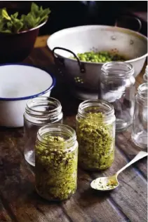  ??  ?? Debajo, pesto de ‘kale’. Como explica Aaron Bertelsen en su libro, puede prepararse con albahaca y guisantes: «Resulta perfecto con pastas y sobre el queso de la