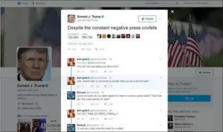  ??  ?? This screen grab shows a tweet from President Donald Trump which has social media trying to find a meaning in the mysterious term “covfefe.” Trump tweeted just after midnight Eastern time on Wednesday: “Despite the constant negative press covfefe.” The...