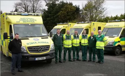  ??  ?? Assistant Chief Ambulance Officer South East Anthony Byrne, Advanced Paramedic Cllr Ger Carthy, Richard Doyle, Liam O’Neill, Olivia Harte, Michael Dixon and Oliver Martin with a brand new ambulance at Wexford General Hospital.