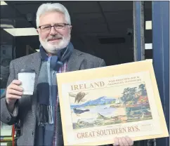  ?? (Pic: John Ahern) ?? ON TRACK TO BE A BEST SELLER: Christy Dorgan from Fermoy who has sourced a rare and valuable poster of the Great Southern Raiways (circa 1925). The image, superimpos­ed with wildlife, is included in the lastest edition of his book ‘Irish Birds, Their Nests & Eggs’.