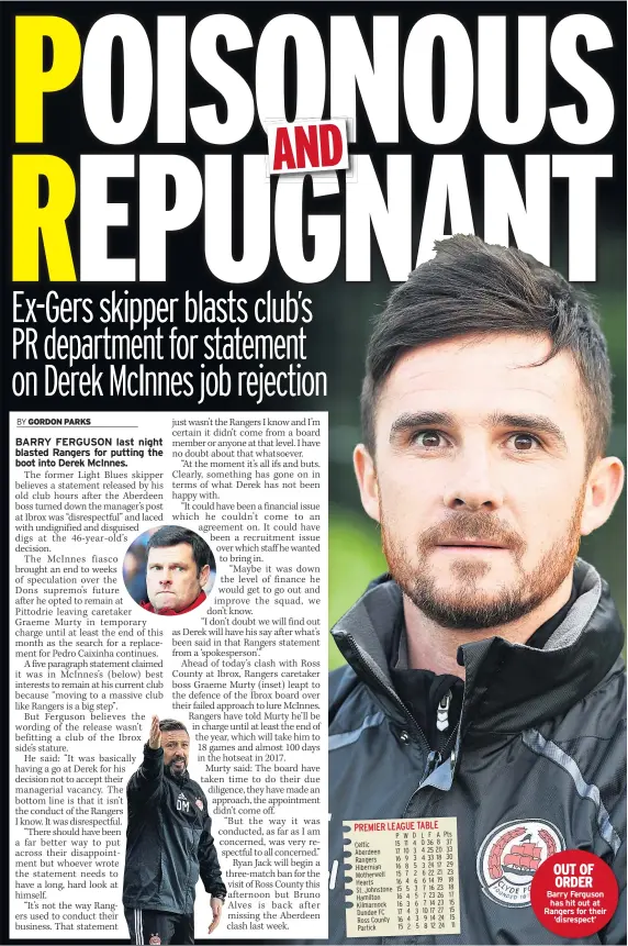  ??  ?? OUT OF ORDER Barry Ferguson has hit out at Rangers for their ‘disrespect’